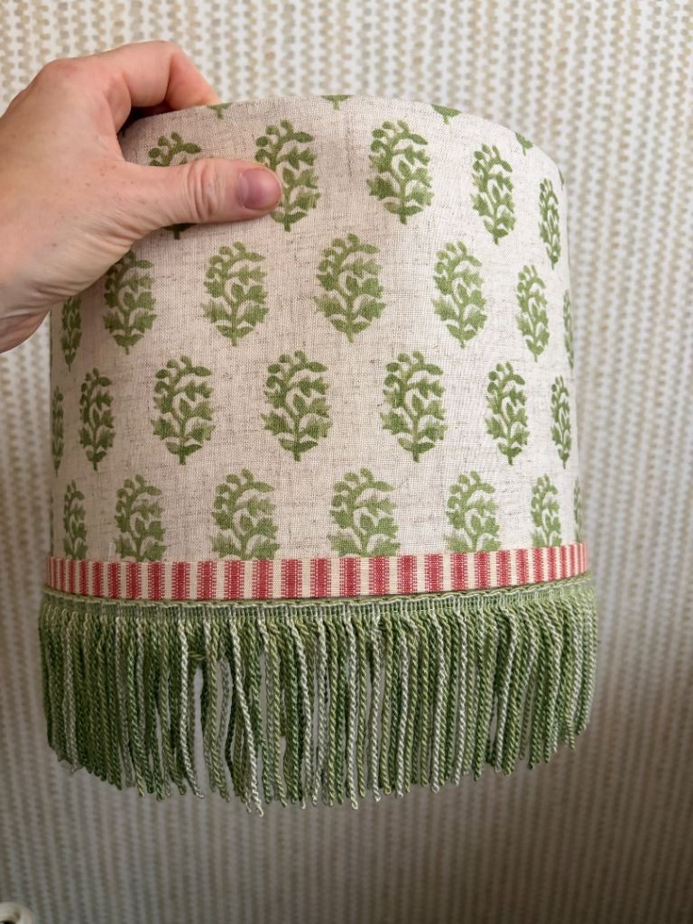 Fabric Lampshade with Green Leaf Pattern and Fringe