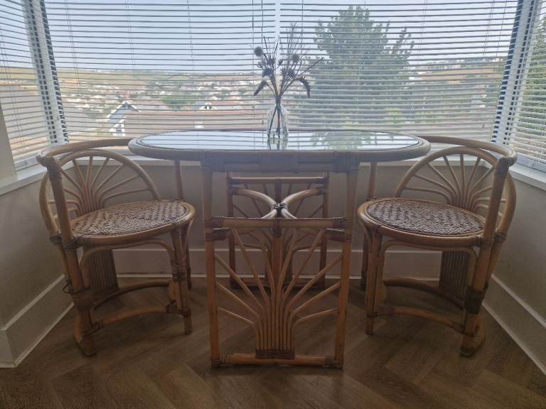 Gorgeous Vintage Boho Rattan Table & Chairs Set With Glass Top