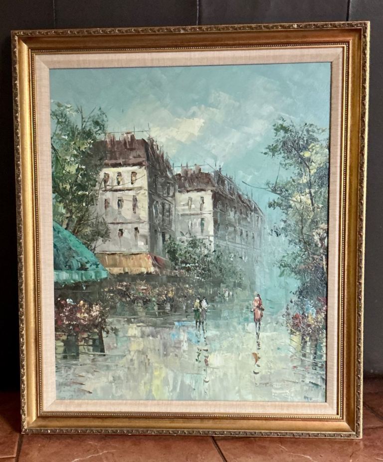 Street Scene Framed Oil Painting by Artist P.G Tiele - Size: 71cm x 61cm