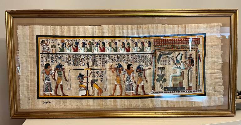Beautiful Large Vintage Egyptian Hieroglyph Papyrus Painting - Framed, Signed