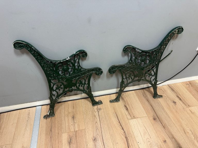 Vintage Cast Iron Garden Bench Ends Pair Ornate Floral Scroll Green 71cm