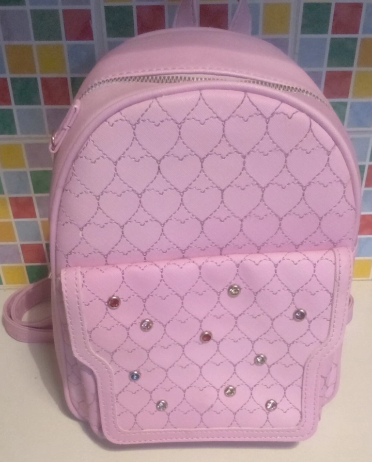 Girl's Child's Pink with Black Hearts Patterns and Studs Silver Toned Backpack