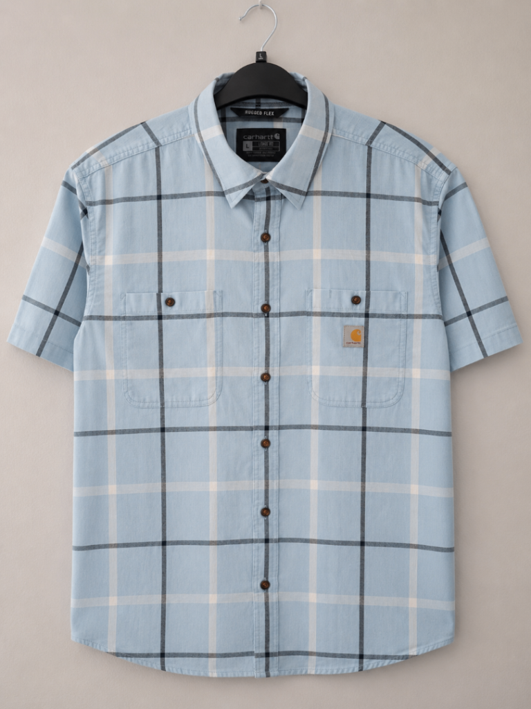 Carhartt DEADSTOCK Men's Size Large Loose Fit Light Blue Plaid Short Sleeved Shirt.New 