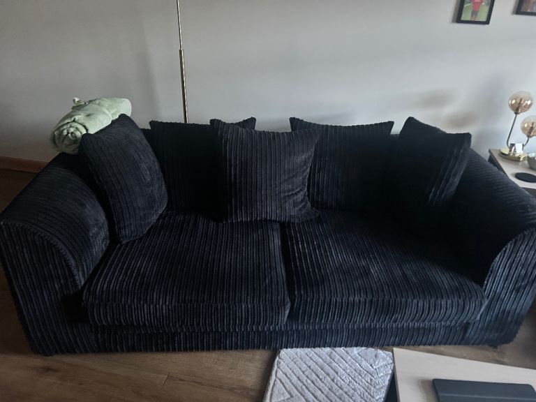 Black Fabric Sofas with Scatter Cushions – Good Condition