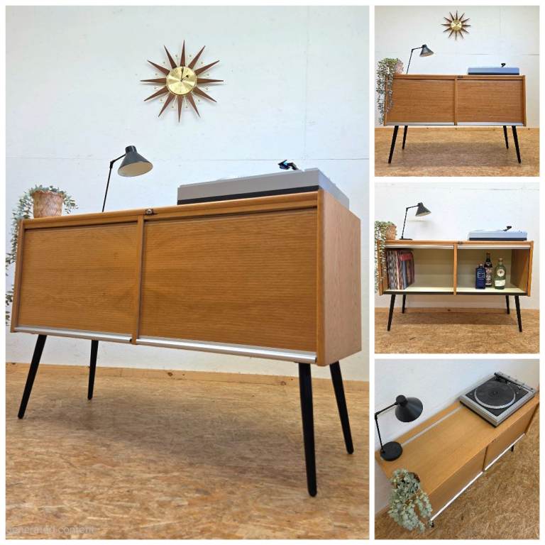 Retro Oak Tambour Front Sideboard/TV Unit/Record Cabinet - Mid Century G-Plan Era