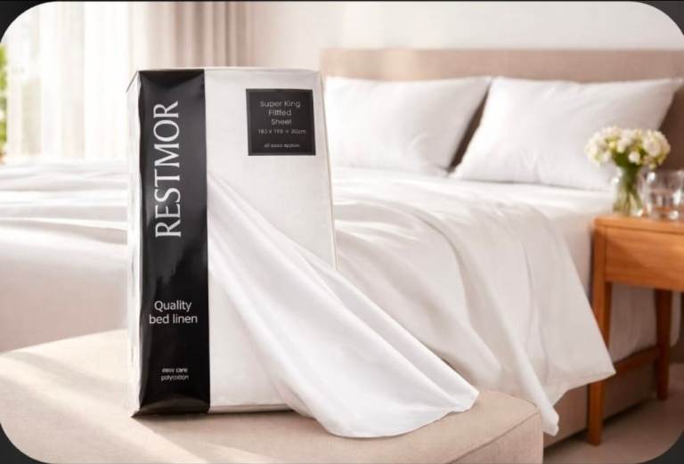 Restmor Prem Super King Fitted Sheet Easy-Care Polycotton Bed Linen 183X198X30cm