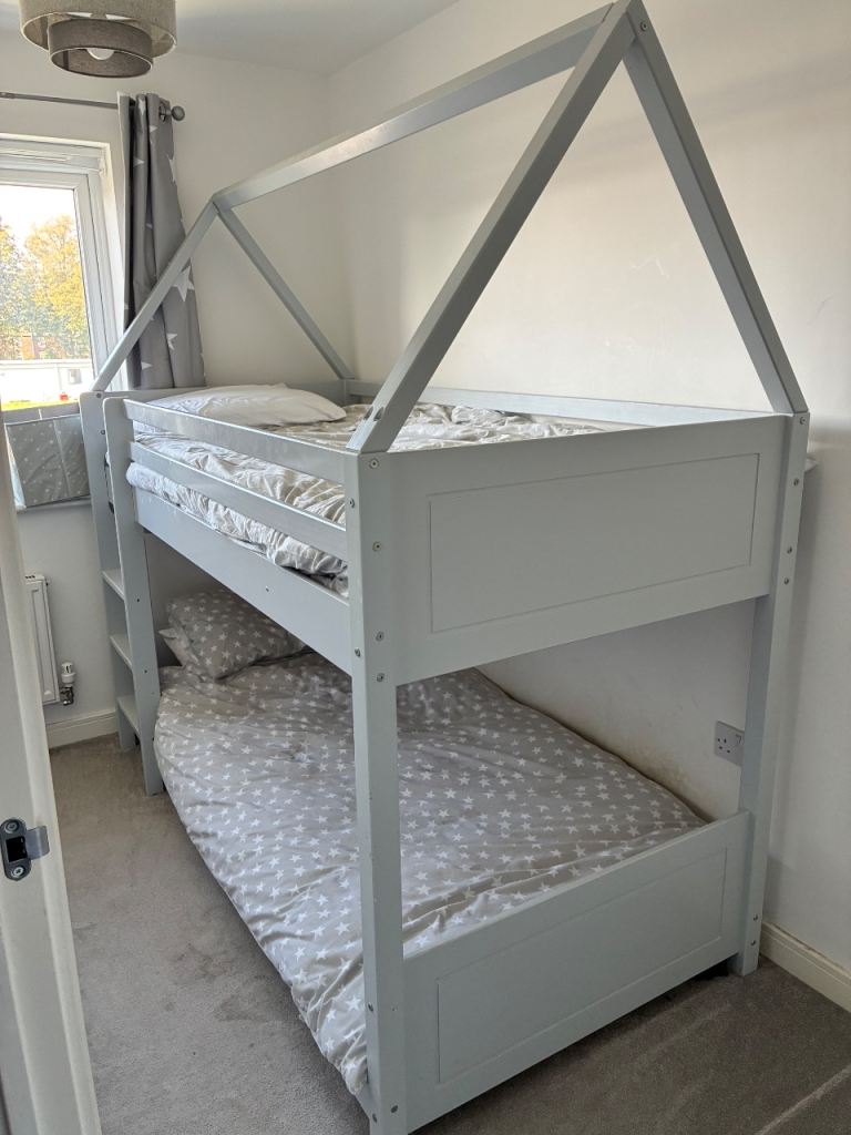 3ft House Style Bunkbed in Natural Grey with mattress x2