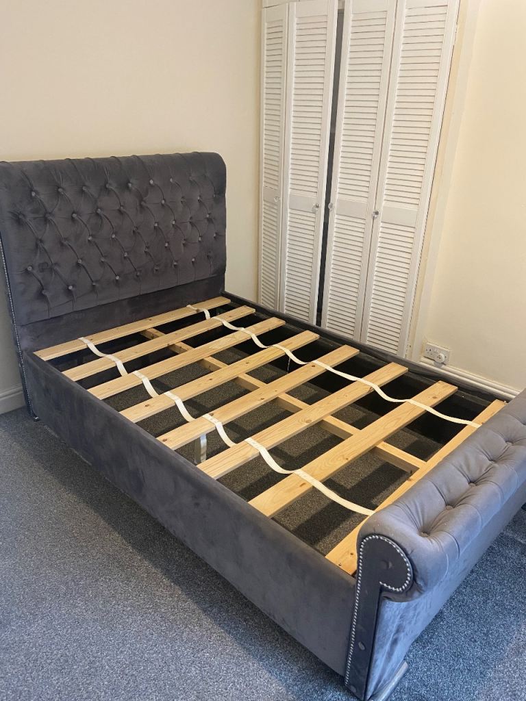 Double bed, grey suede velvet material, Designer bed