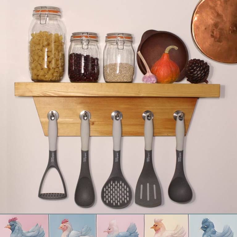 Kitchen Utensil Rack with integrated Herb Shelf - redwood pine wooden stainless steel hooks hangers