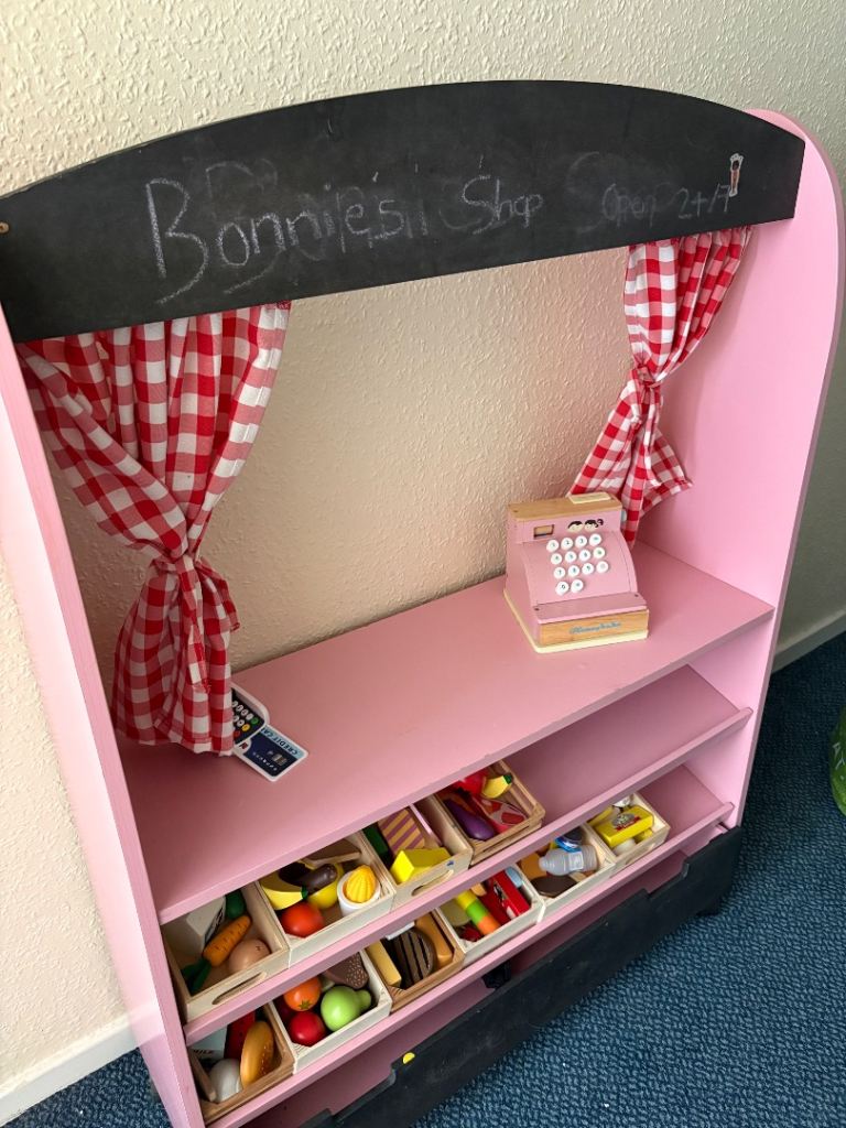 Kids Pink Wooden Play Shop with Chalkboard and Curtains