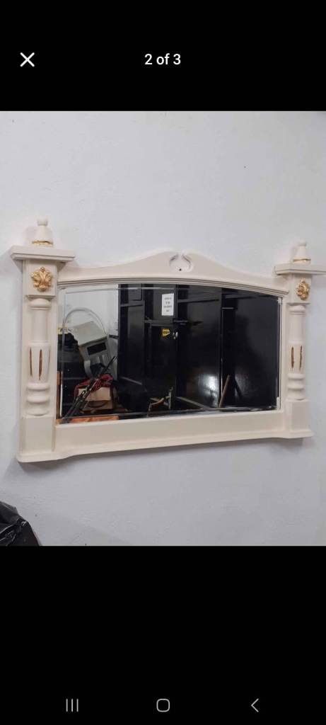 Beautiful Vintage solid wood mirror freshly chalk painted cream gold leaf detail lacquer Finnish 