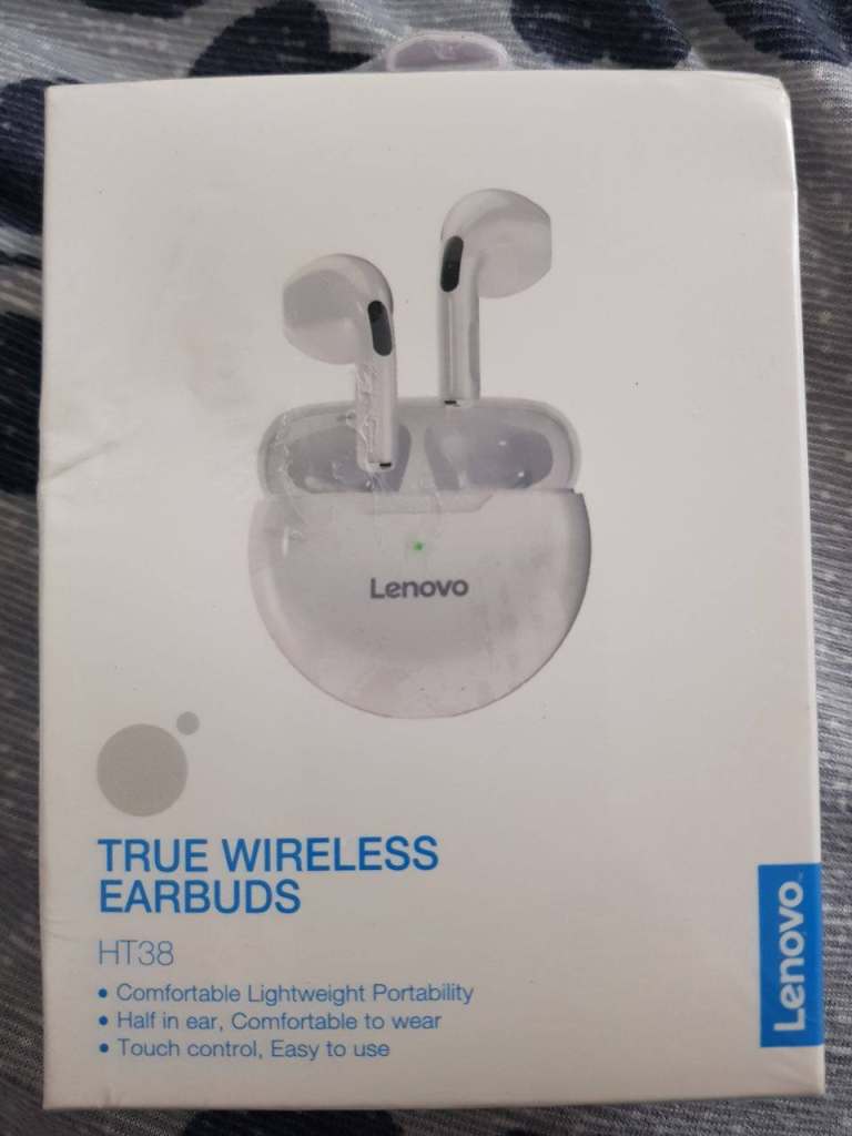 Lenovo HT38 True Wireless Earbuds (White) – Touch Control, Compact Case - Brand New