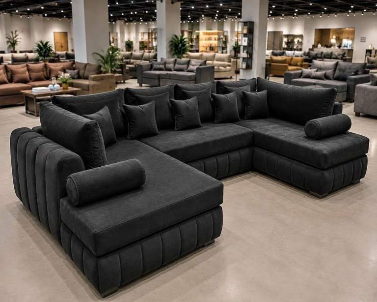 Brand New Large Black Fabric Corner Sofa with Chaise