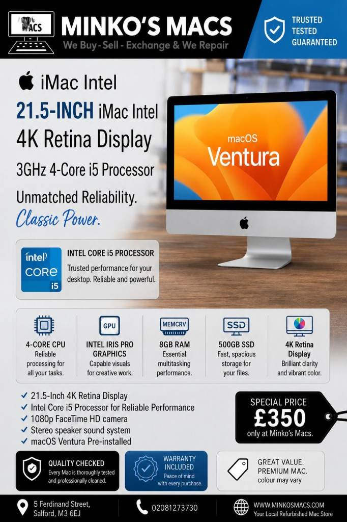 Apple iMac Retina 4K 21.5" 3Ghz Quad Core i5 8GB Ram 256GB SSD Logic Pro 11 FL Studio Ableton Waves