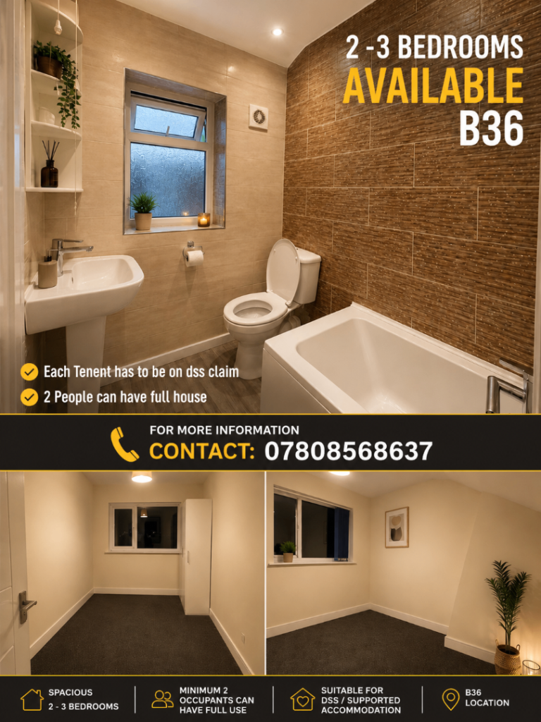 2–3 Bedroom House Available – B36 | DSS / Supported Housing Considered
