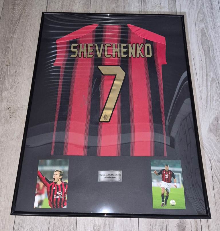 Signed football shirt. Andriy Shevchenko signed AC Milan shirt in frame with proof and COA 