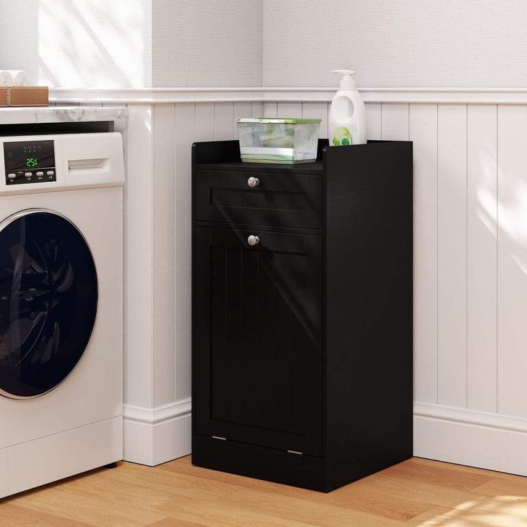 Bathroom Storage Cabinet with Drawer and Removable Hamper-Black