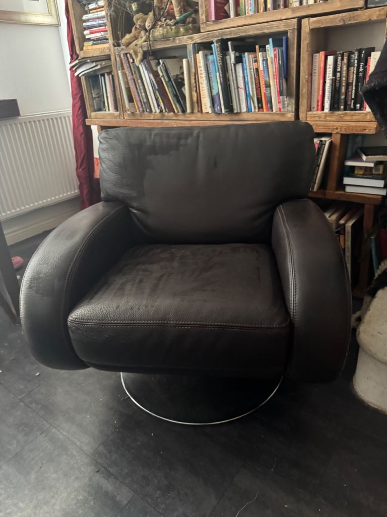 Brown Leather Swivel Armchair – Good Condition