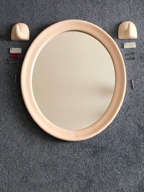 CARADON OVAL CERAMIC BATHROOM MIRROR AND TWO ROBE HOOKS IN SOFT CREAM 