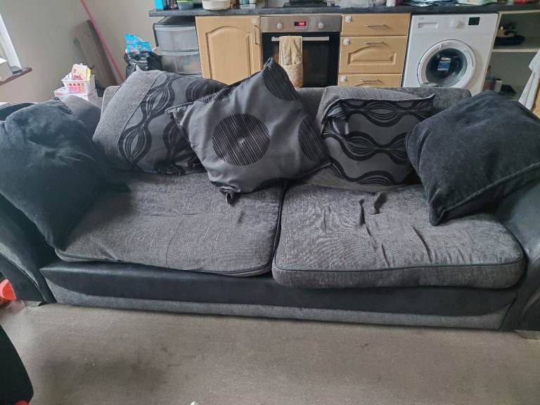 Comfy Grey Fabric Sofa with Black Faux Leather Trim – Good Condition