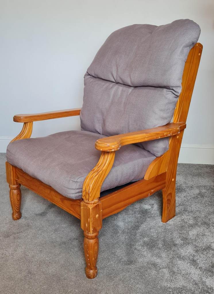 Vintage Wooden Armchair with Grey Cushions