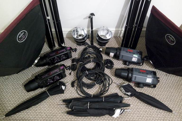  4 x Bowens Flash Lights + Softboxes, Stands, Umbrellas, Cables, Reflectors, Bags