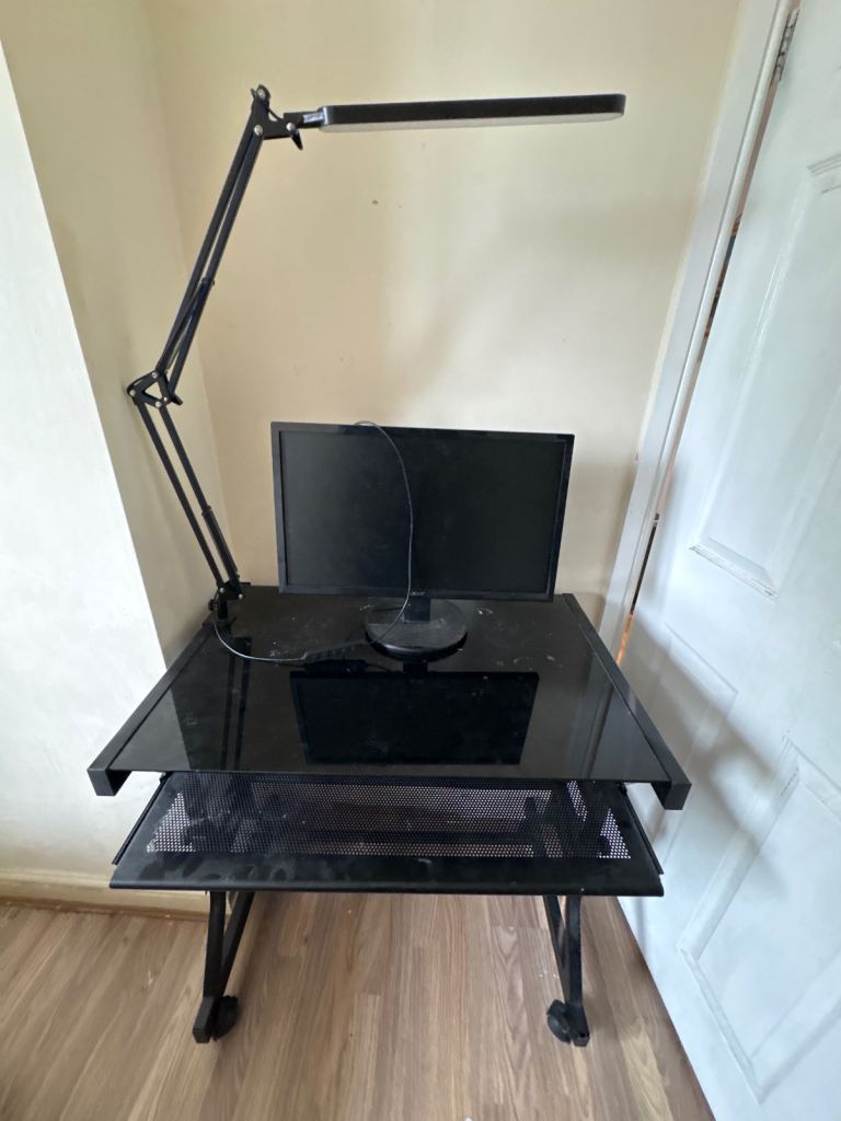 Black Glass Desk with Pull-Out Shelf – Good Condition