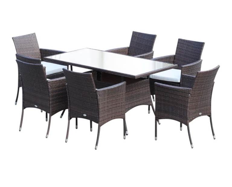 Rattan Garden Furniture Dining Set Patio Rectangular Table Cube Chairs, Brown