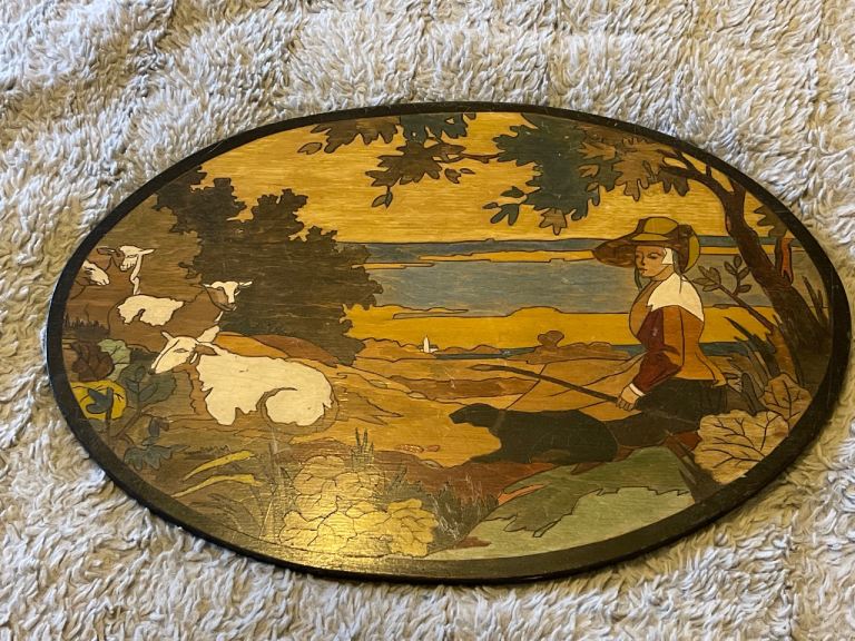 Vintage 1960’s large round inlaid wood panel from Italy 