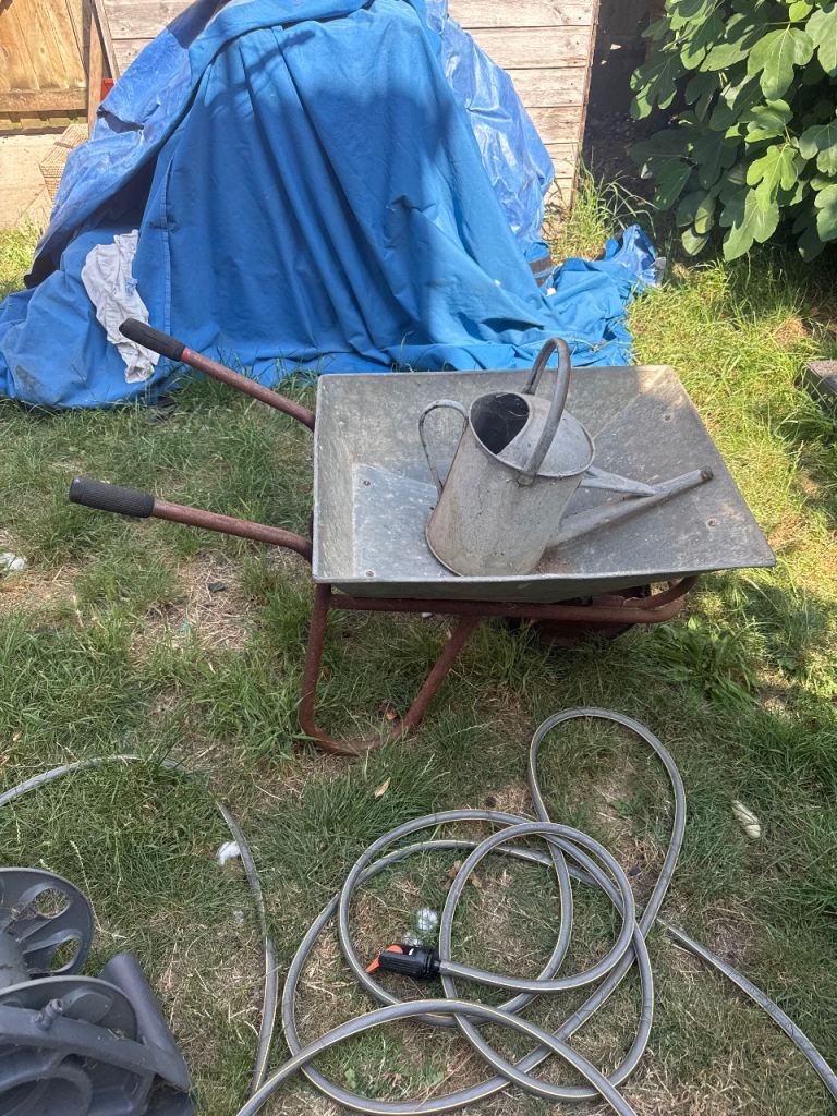 Garden Wheelbarrow with Watering Can and Hosepipe
