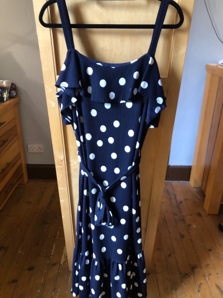 Navy Blue Polka Dot Dress with Tie Waist