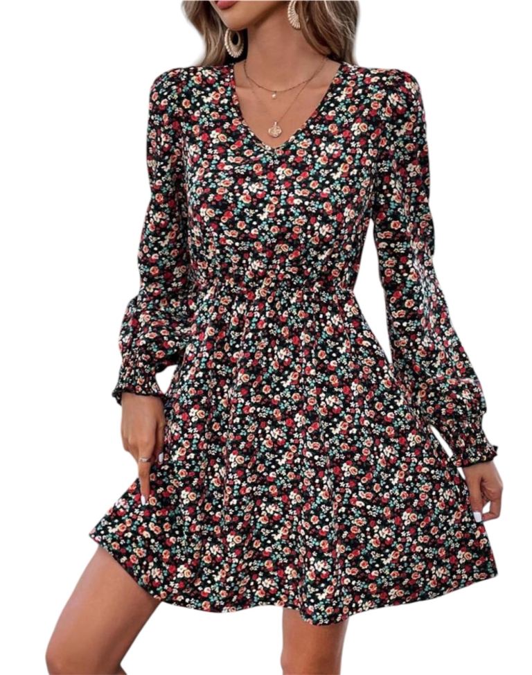 Womans Ditsy Floral Print Flare Long Sleeve Dress V Neckline Size Large 12-14