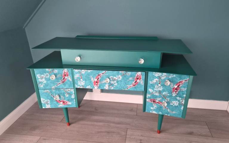 Unique Teal Dressing Table / Desk with Koi Fish Design