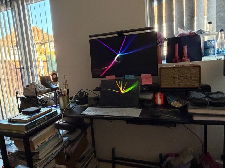 Black Metal Office Desk with Shelves – Good Condition