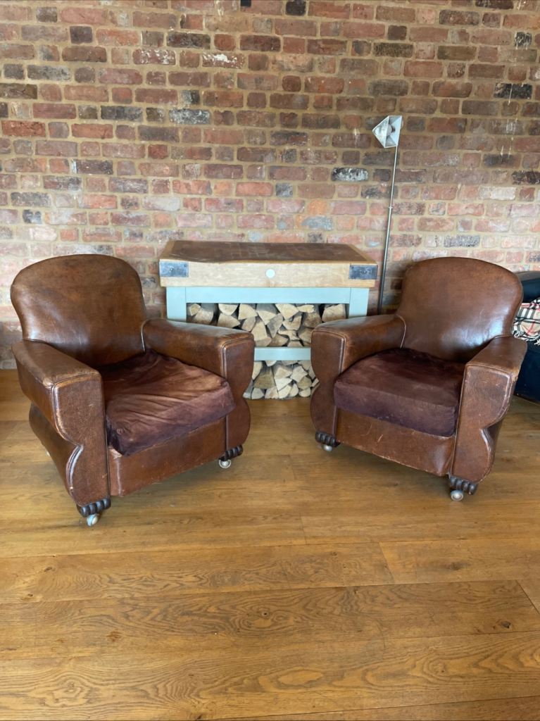 Vintage Antique Brown Leather Club Chairs x 2 Pair