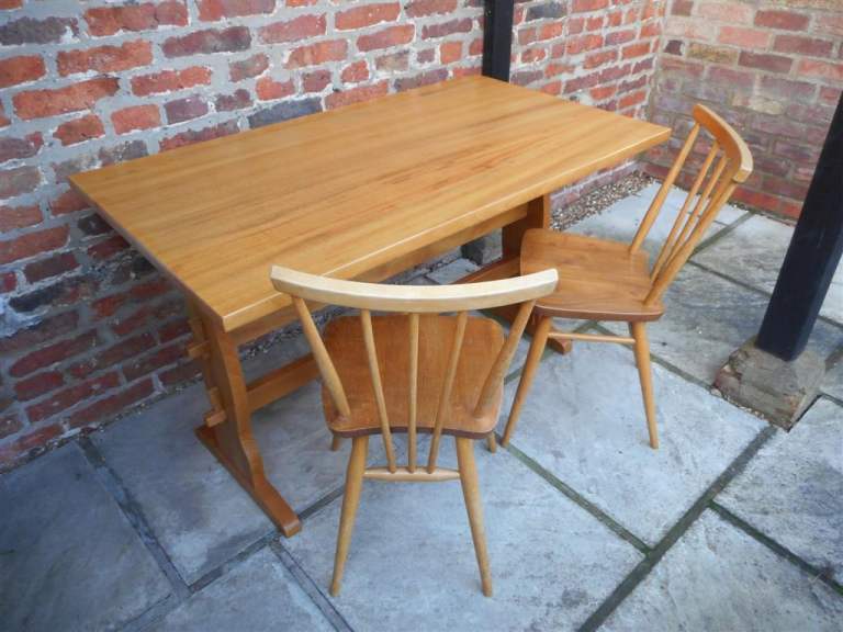 Pair of Ercol Elm Stick Back Chairs with Solid Wood Refectory Dining Table- Light Finish