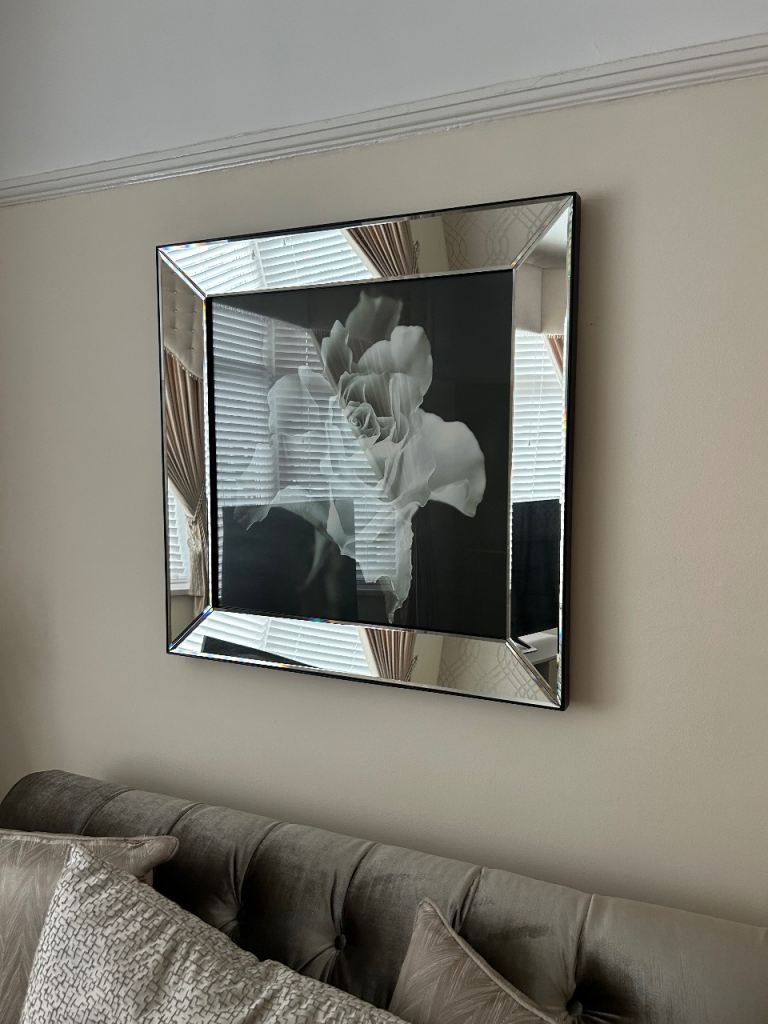 2x Black and White Floral Wall Art with Mirrored Frame