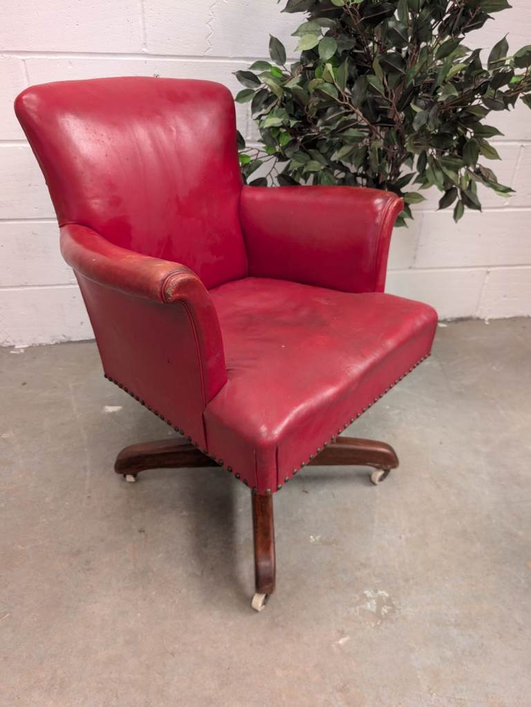 Vintage Hillcrest Red Leather Swivel Office Chair
