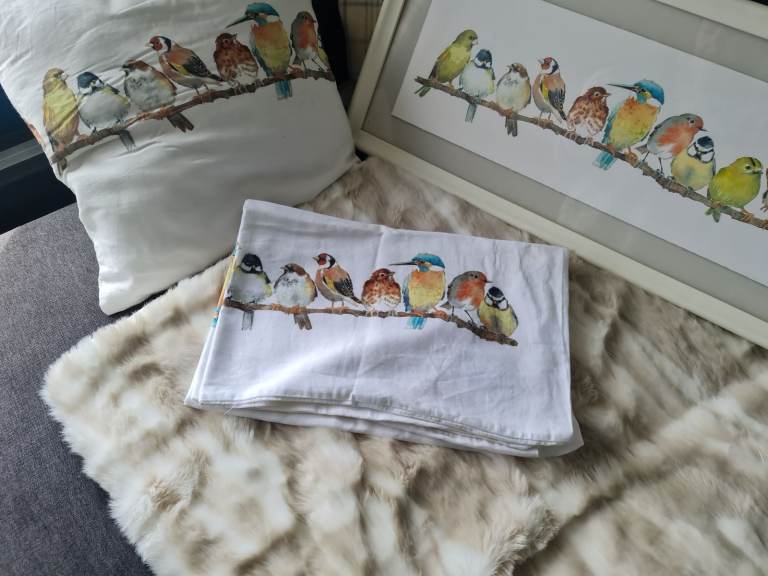 Laura Ashley Garden Birds framed print, cushion and 2 pillow cases