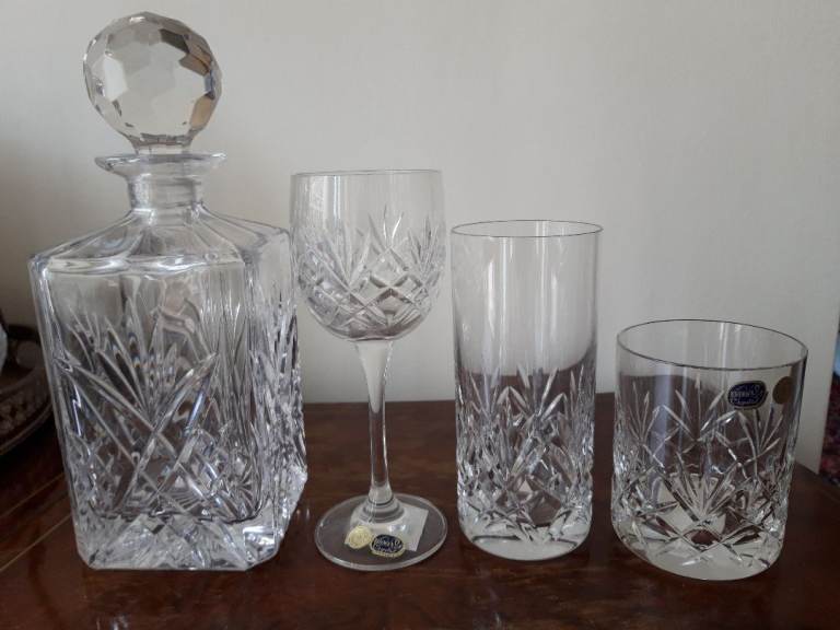 Vintage BOHEMIAN CRYSTAL 2 Decanters, 12 Wine, 12 short, 10 tall glasses. Can be sold separately 