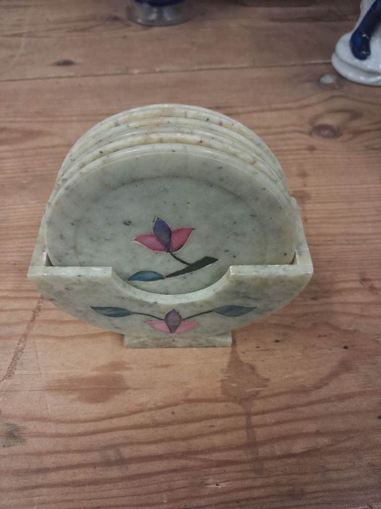 Marble Coasters with Holder – Set of 6, Good Condition