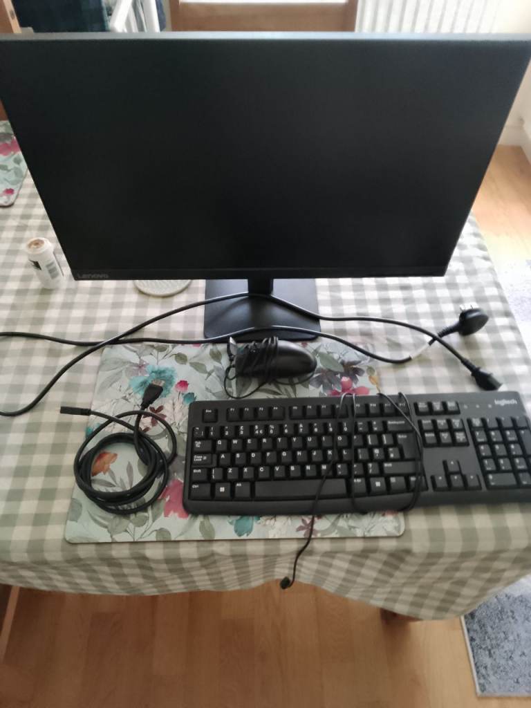 Lenovo Monitor, Logitech Keyboard, mouse and cables