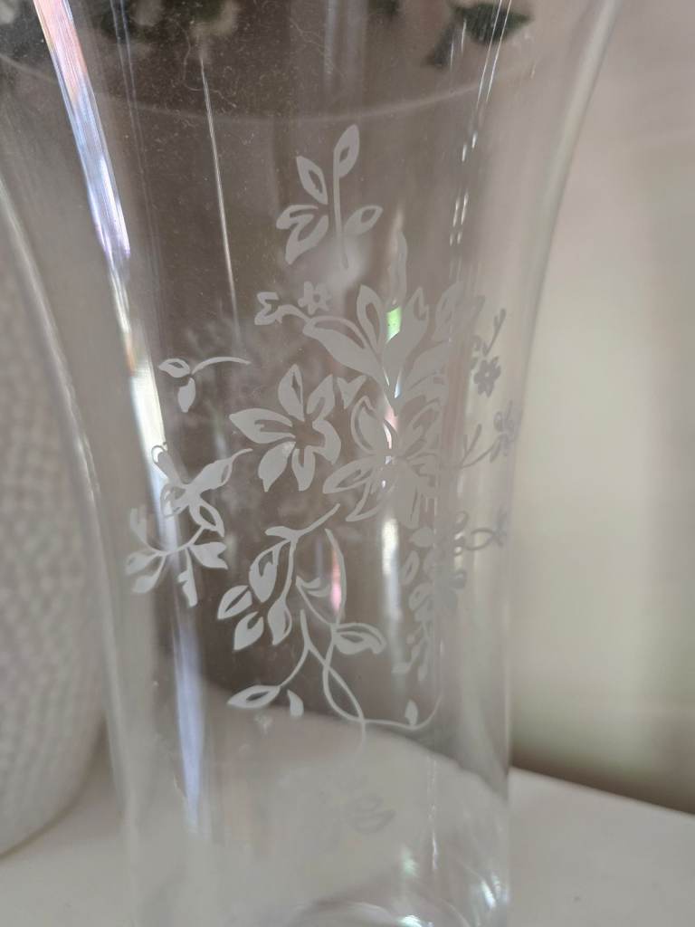 Shabby Chic, Etched, Large, Heavy Glass Vase