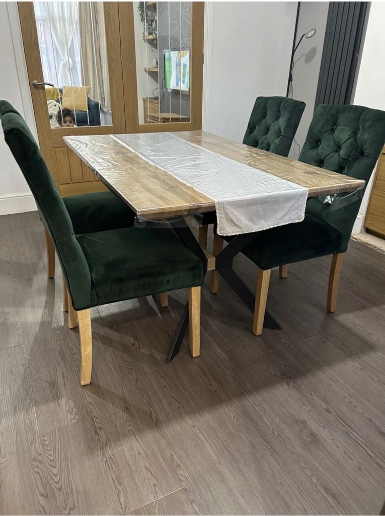 Dining Table and 4 Green Velvet Chairs – As Good As New