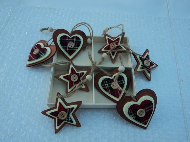Christmas Wooden heart & star shaped tartan hanging ornaments. 