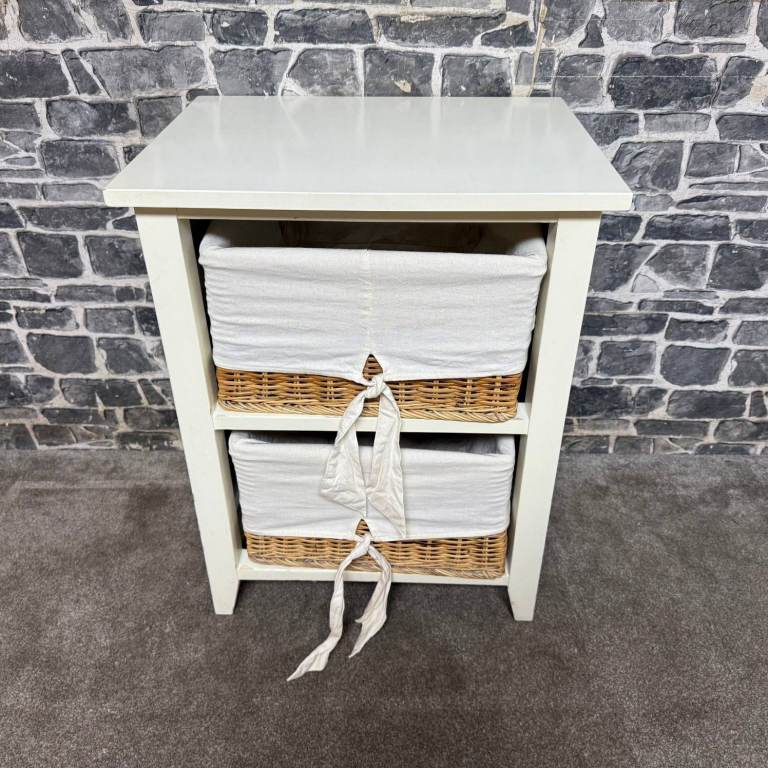 White Storage Unit with 2 Wicker Baskets