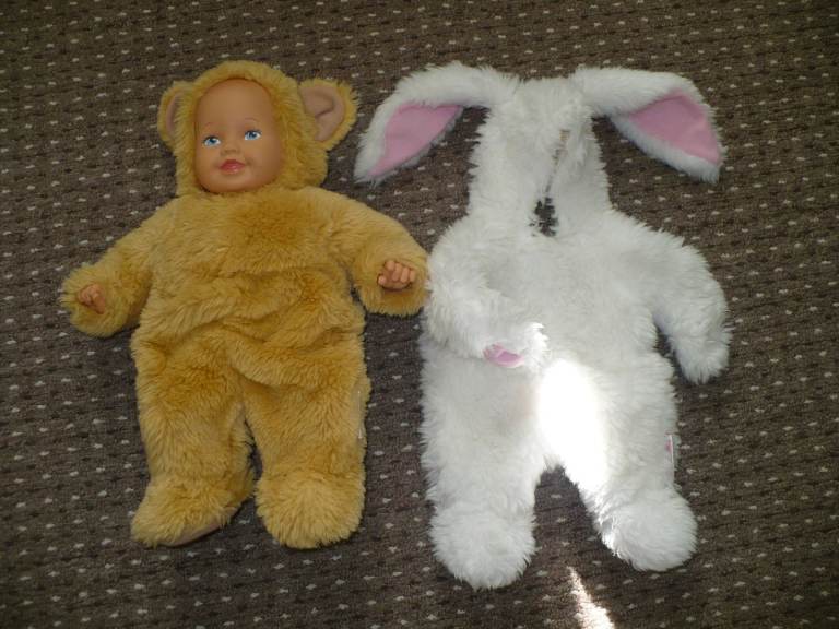 Vintage Anne Geddes Bear and Bunny Rabbit Baby Doll White Fur Plush 18inch/ 46cm in very good cond.