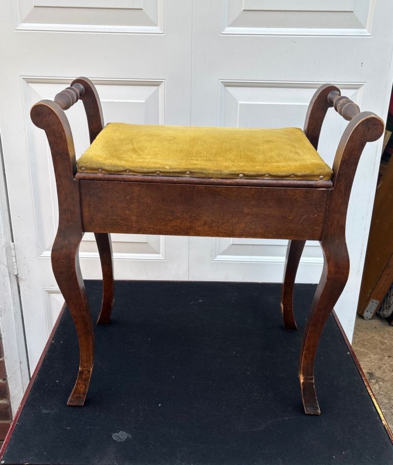 Vintage Wooden Piano Stool with Storage - Yellow Cushion