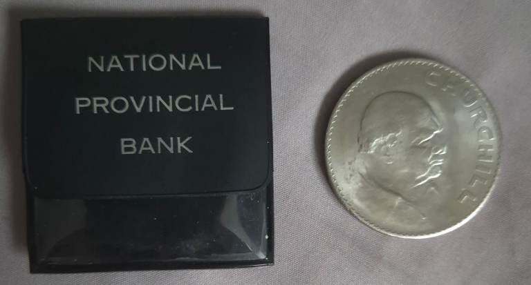 1965 British Churchill crown coin issued in a presentation case by the National Provincial Bank.
