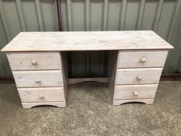 6 Drawer Pine Dressing Table or Desk Upcycled with a Light Whitewash Effect